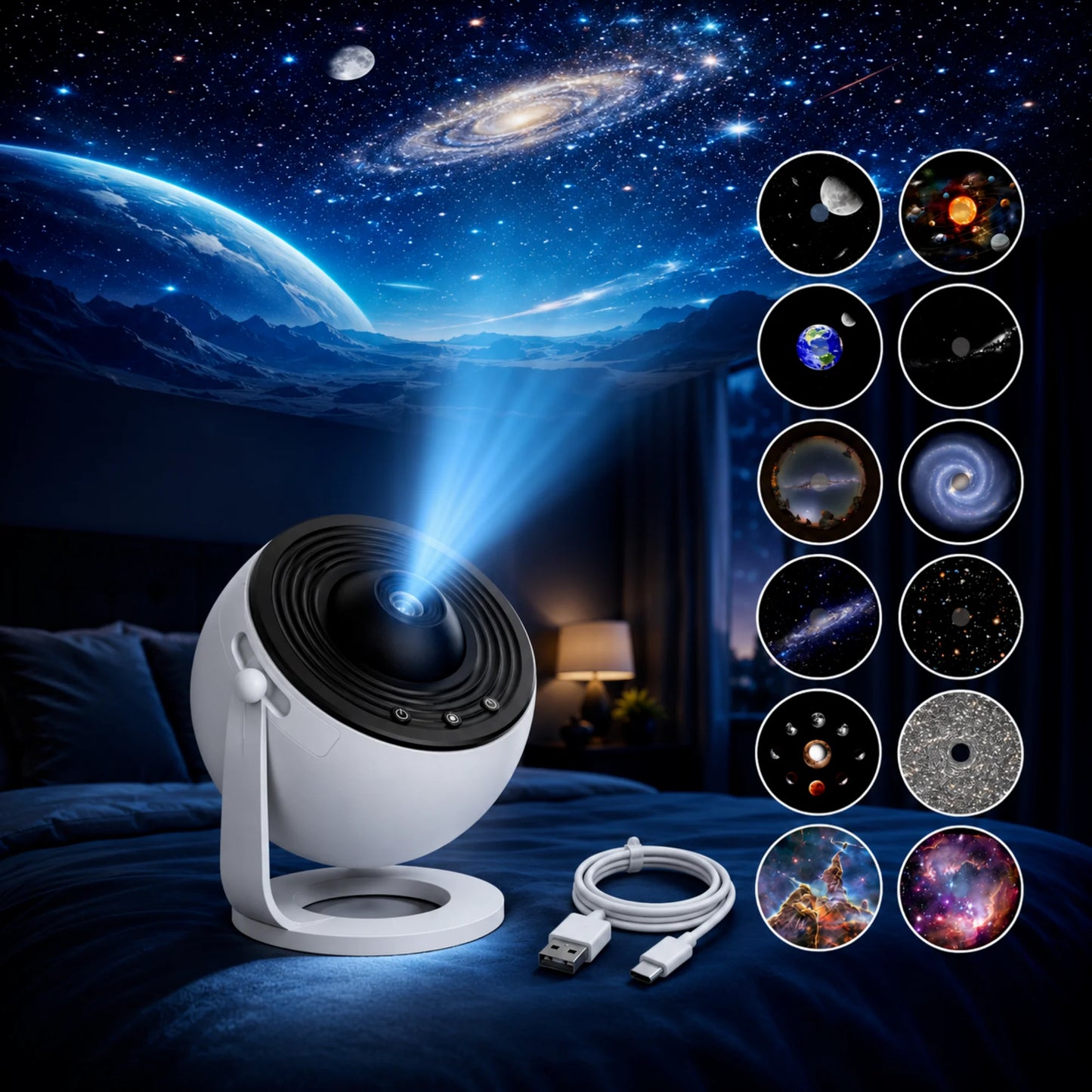 13 in 1 Planetarium Projector for Bedroom, Star Galaxy Projector Night Light with Timer, USB Powered Space Lamp for Room Decor, White