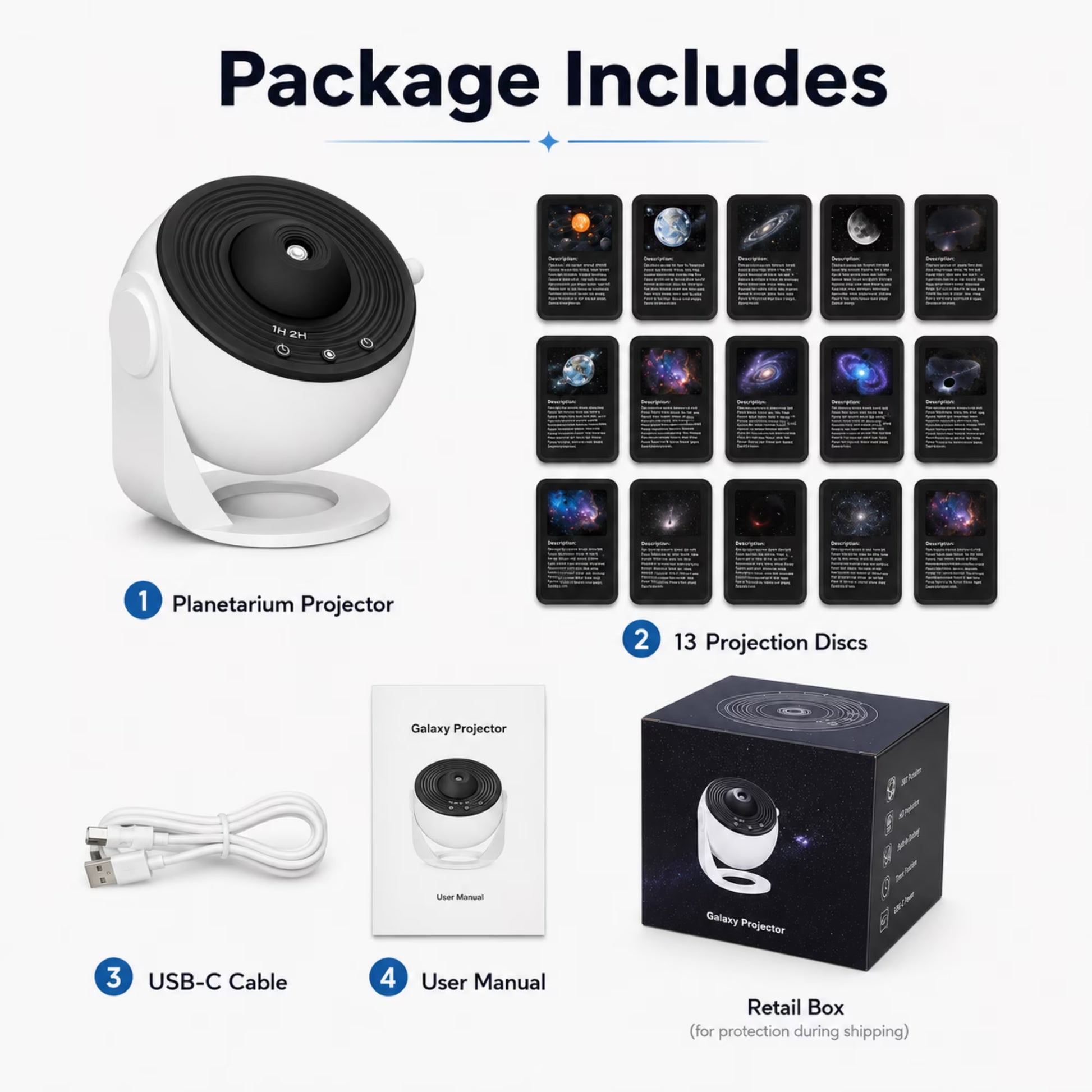 13 in 1 Planetarium Projector for Bedroom, Star Galaxy Projector Night Light with Timer, USB Powered Space Lamp for Room Decor, White