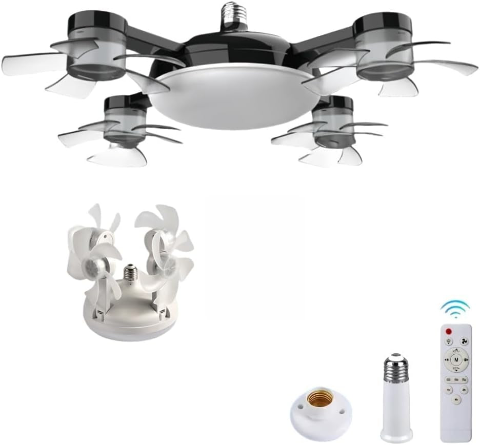 Screw in Ceiling Fan with Light Socket Remote Control, 2-In-1 Foldable Light Socket Fan with LED , 3-Speed Wind, Adjustable Brightness, Easy Installation for Bedroom Kitchen Garage (Black, 4Head)