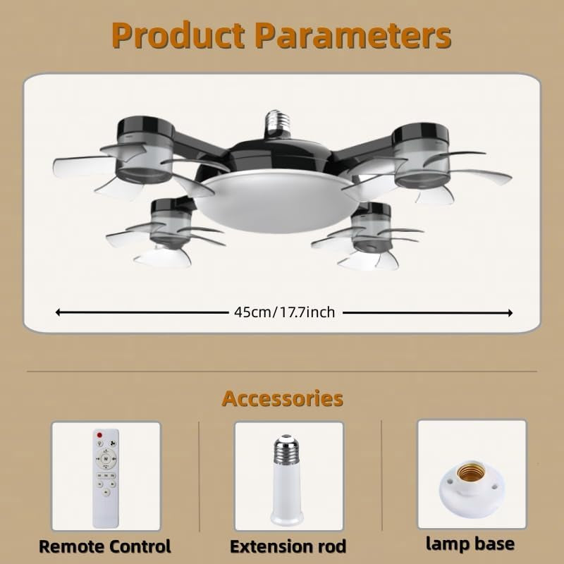 Screw in Ceiling Fan with Light Socket Remote Control, 2-In-1 Foldable Light Socket Fan with LED , 3-Speed Wind, Adjustable Brightness, Easy Installation for Bedroom Kitchen Garage (Black, 4Head)