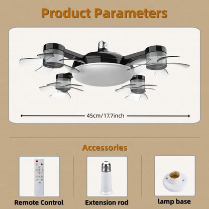 Screw in Ceiling Fan with Light Socket Remote Control, 2-In-1 Foldable Light Socket Fan with LED , 3-Speed Wind, Adjustable Brightness, Easy Installation for Bedroom Kitchen Garage (Black, 4Head)