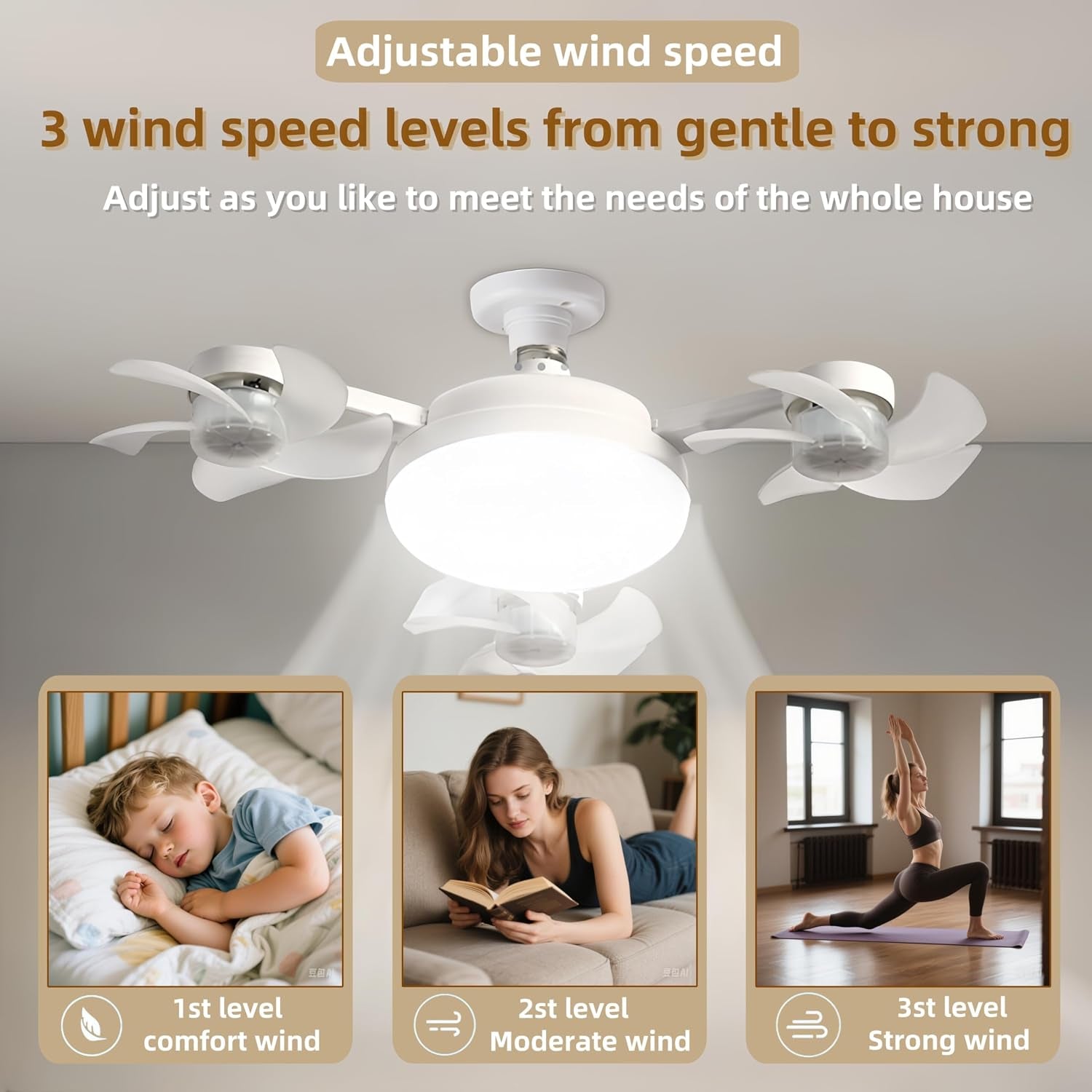 Screw in Ceiling Fan with Light Socket Remote Control, 2-In-1 Foldable Light Socket Fan with LED , 3-Speed Wind, Adjustable Brightness, Easy Installation for Bedroom Kitchen Garage (Black, 4Head)